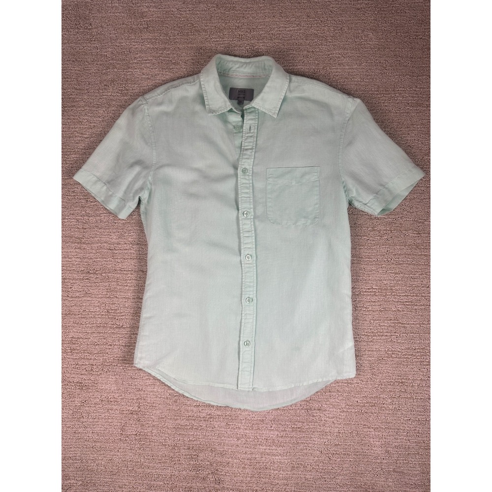 M&S Collection Mens Mint Green Linen Cotton Short Sleeve Button Down Shirt XS